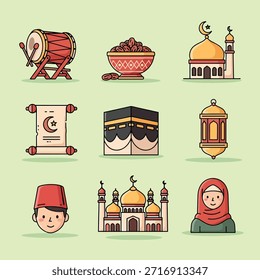 Un conjunto de coloridos iconos de dibujos animados de diseño plano que ilustran símbolos islámicos y de Ramadán como mezquitas, Kaaba, dátiles, tambores, linternas, pergaminos y figuras musulmanas.