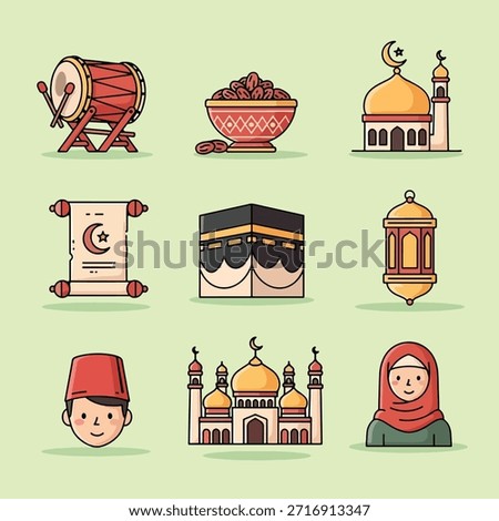 A set of colorful, flat design cartoon icons illustrating Islamic and Ramadan symbols like mosques, Kaaba, dates, drum, lantern, scroll, and Muslim figures.