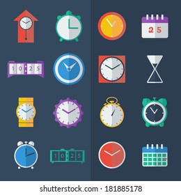 Set of colorful flat design clocks icons on dark background. Vector illustration.