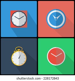 Set of colorful flat design clocks icons. Vector illustration.