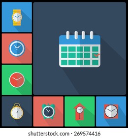 Set of colorful flat design clocks icons. Vector illustration.