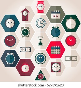 Set of colorful flat design clocks icons. Vector illustration.