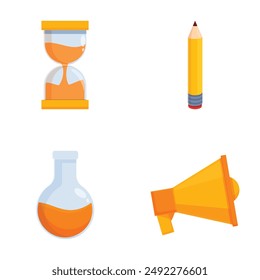 Set of colorful flat design icons featuring a hourglass, pencil, flask, and megaphone