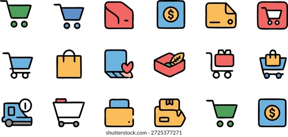 Um conjunto de ícones de design plano coloridos relacionados a compras, e-commerce e transações on-line em um fundo branco para interface de alta qualidade profissional detalhado moderno elegante elegante limpo nítido