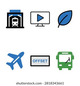 A set of colorful flat design icons representing various modes of transport, media playback, and nature. Includes subway, airplane, bus, leaf, and video monitor graphics.