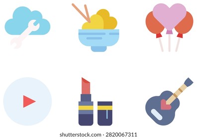 Set of colorful flat design icons featuring cloud tool bowl food love balloons play and music guitar