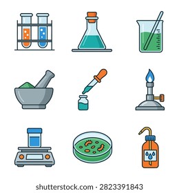 A set of colorful, flat design icons representing various laboratory tools and scientific instruments