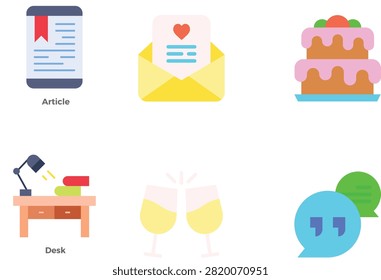 Set of colorful flat design office and celebration icons including article desk and cake elements
