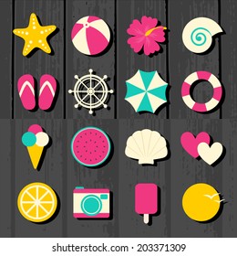 A set of colorful flat design summer travel icons on wooden background.