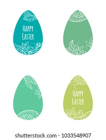 Set of colorful flat easter eggs with oriental paisley like ornament and Happy Easter lettering on white background.