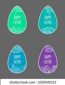 Set of colorful flat easter eggs with zentangle antistress doodle ornament and Happy Easter lettering on grey background.
