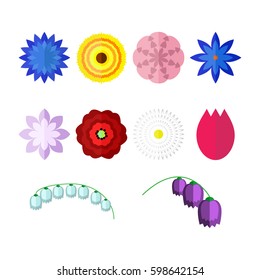 Set of colorful flat flowers isolated on white background. Vector Illustration of floral icons, elements.