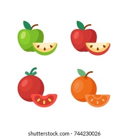 Set von bunten, flachen Früchten: Apfel, Orange, Tomate. Vektorillustration, flache Illustration einzeln auf weißem Hintergrund.