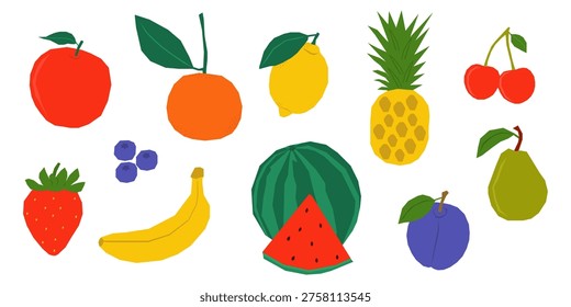 Set of colorful flat fruit illustrations in minimalist paper-cut style isolated on white background. Abstract collection of healthy organic food icons including apple, banana, strawberry, watermelon, and citrus fruits for summer design, menu, and nutrition concepts