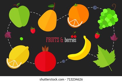 Set of colorful flat fruits and berries on black background