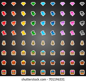 Set of colorful flat game icons of crystals in cartoon style. Bonuses and power-ups. 2d asset for user interface GUI in mobile application or casual video game.