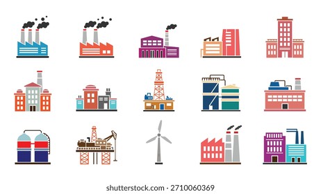 Conjunto de ilustraciones de iconos planos de colores de fábrica