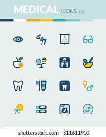 Set of colorful flat icons about  healthcare. Nutrition. Dental. Ophthalmology. Pregnancy