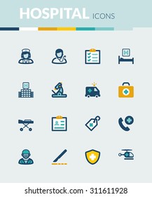 Set of colorful flat icons about  healthcare. Hospital and emergency.