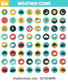 Set of colorful flat icons about the weather. Weather Forecasting Vector Icon Set. Vector Illustration.