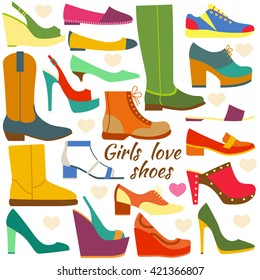 Set of colorful flat icons. Different women shoes. Vector illustration