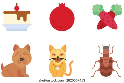Set of colorful flat icons featuring food animals and insects for design projects