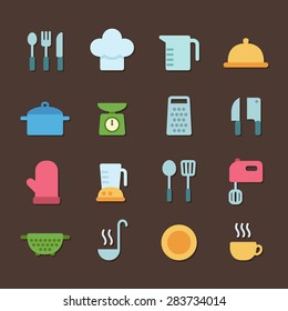 Set of colorful flat icons featuring various kitchen utensils and cooking related objects.