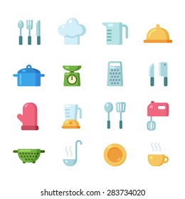 Set of colorful flat icons featuring various kitchen utensils and cooking related objects.