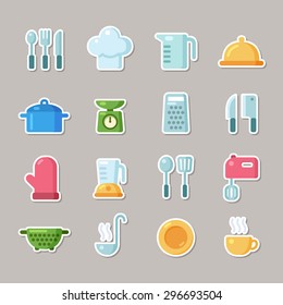 Set of colorful flat icons featuring various kitchen utensils and cooking related objects.
