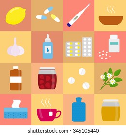 Set of colorful flat icons for flu and cold treatment. Lemon, honey, pills, herbs, supplements, thermometer, hot water bottle, garlic. 
