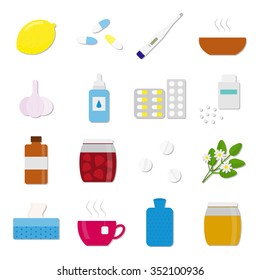 Set of colorful flat icons for flu and cold treatment. Lemon, honey, pills, herbs, supplements, thermometer, hot water bottle, garlic. 