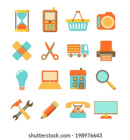 Set of colorful flat icons isolated on white background, vector illustration