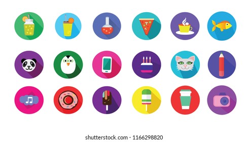 Set of colorful flat icons like food, drink, animals