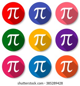 Set of colorful flat icons with Pi sign. Mathematical constant, irrational number, greek letter. Abstract vector illustration for a Pi Day.