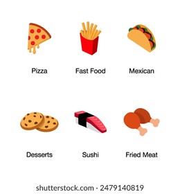 Set of colorful flat icons representing different food types: pizza, fast food (fries), Mexican taco, desserts (cookies), sushi, and fried meat. Perfect for menus, food apps, and culinary websites.