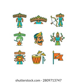 A set of colorful flat icons representing elements of the Dussehra festival including Ravana, a bow and arrow, a drum, and a flag.