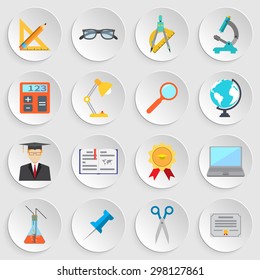 Set of colorful flat icons with shadow, symbol and object, to school, education, learning, teaching. Isolated on white background. Vector illustration