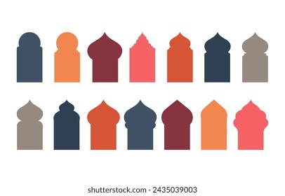 Conjunto de coloridas siluetas de marco de ventanas islámicas. ilustración vectorial