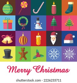 Set of colorful flat outlined Christmas icons background