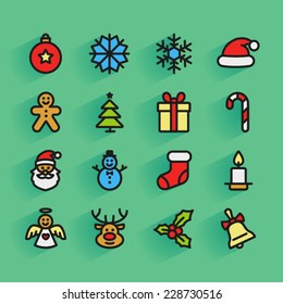 Set of colorful flat outlined Christmas icons on green background