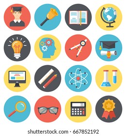 Set of colorful flat school university icons. Education and e-learning vector illustrations. Flat design icons for web and mobile services and apps.