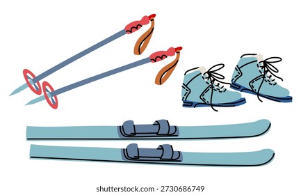 A set of colorful flat ski equipment, including skis, poles, and boots. Winter sports equipment for seasonal promotional posters, mountain resort banners, textile prints, or festive graphic design.