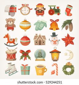 Set of colorful flat stickers and icons, christmas decorations and christmas tree balls and toys