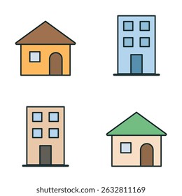 Set of colorful flat style building and house icons with windows and doors