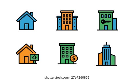 A set of colorful flat style building icons representing houses and structures