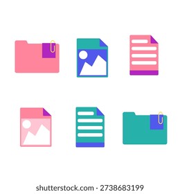 Set of colorful flat style file and folder icons. Includes different file types such as PDF, DOC, JPG, ZIP, and others. Isolated vector illustration for web, apps, infographics, and UI design.