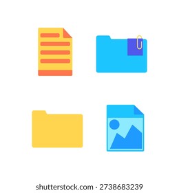 Set of colorful flat style file and folder icons. Includes different file types such as PDF, DOC, JPG, ZIP, and others. Isolated vector illustration for web, apps, infographics, and UI design.