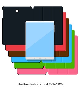 Set of colorful flat tablet pc cases. Black, leather, green, red, blue and pink.