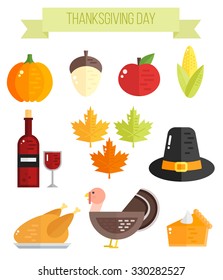 Set of colorful flat thanksgiving elements: pumpkin, maple leaves, apple, turkey, wine, pumpkin pie.