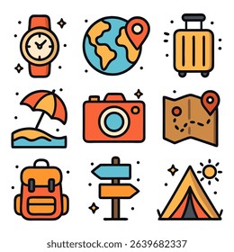 A set of colorful flat travel icons, perfect for vacation, trip, and journey concepts. Includes watch, globe, suitcase, beach umbrella, camera, map, backpack, signpost, and tent.